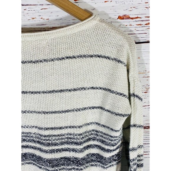 Max Studio Sweater Womens Sz Small Knit Ivory Blue Stripes Nautical Raw Hem - Picture 9 of 12